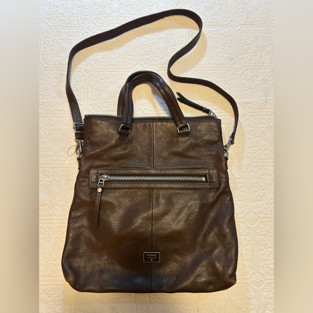 Fossil Brown Genuine Leather Shoulder Bag Crossover Purse Adjustable Strap